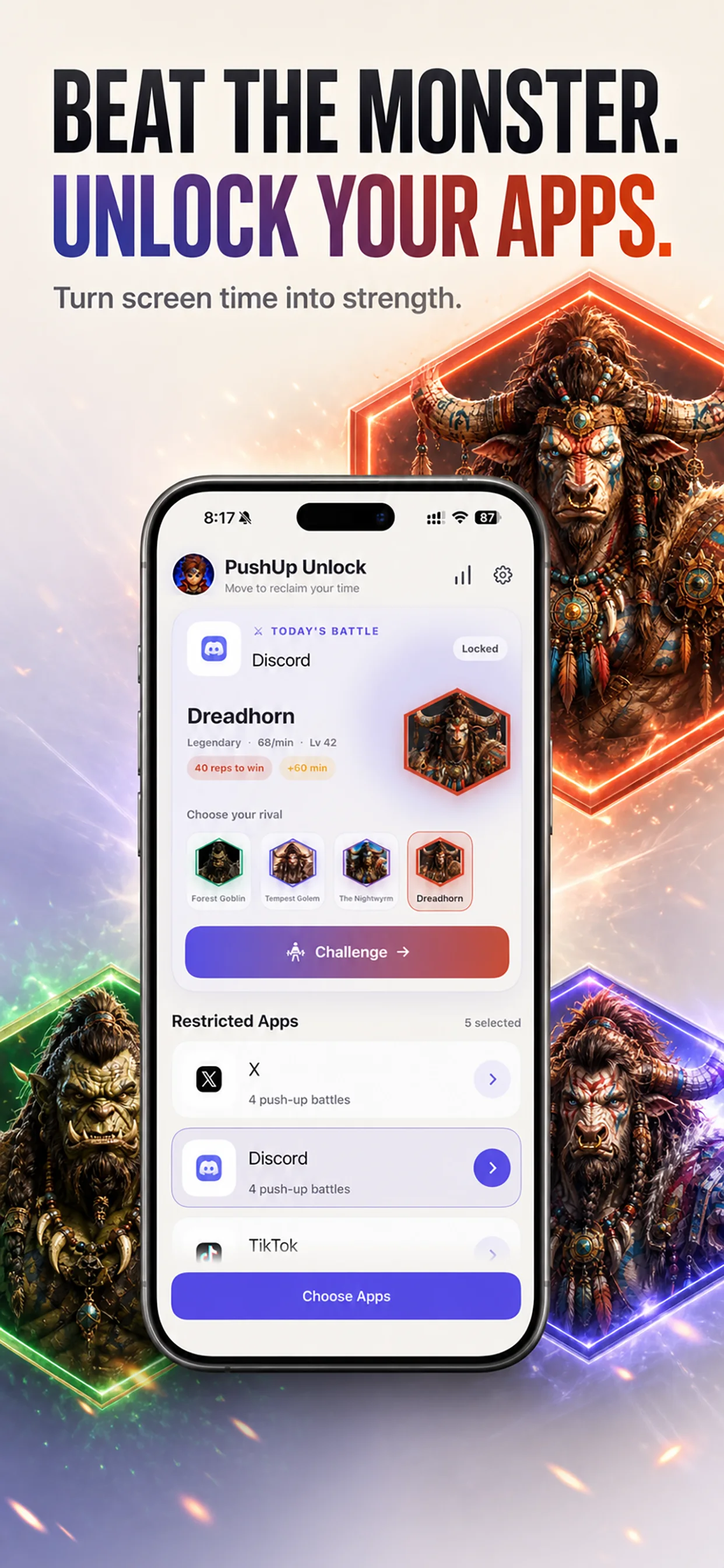 PushUp Unlock app blocker for iPhone showing distracting apps and custom screen time rules