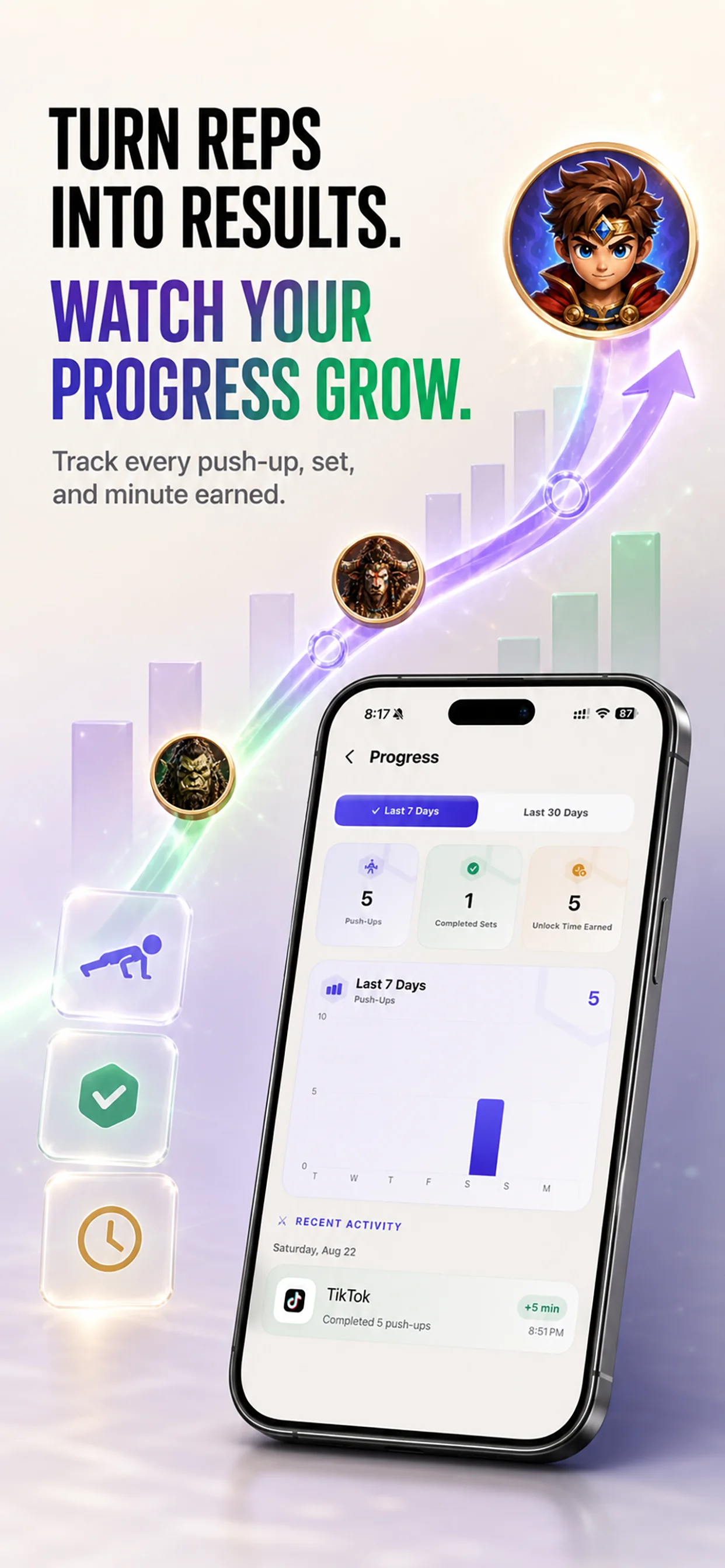 PushUp Unlock progress dashboard for earned screen time and completed reps to win