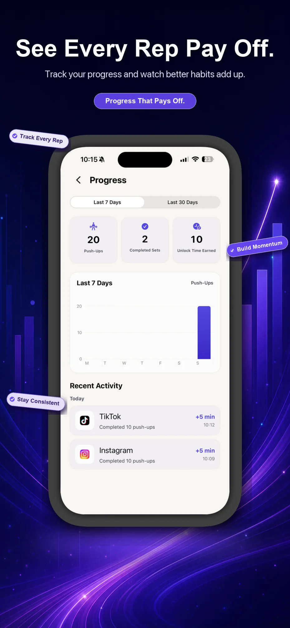 PushUp Unlock progress dashboard for earned screen time and completed push-ups